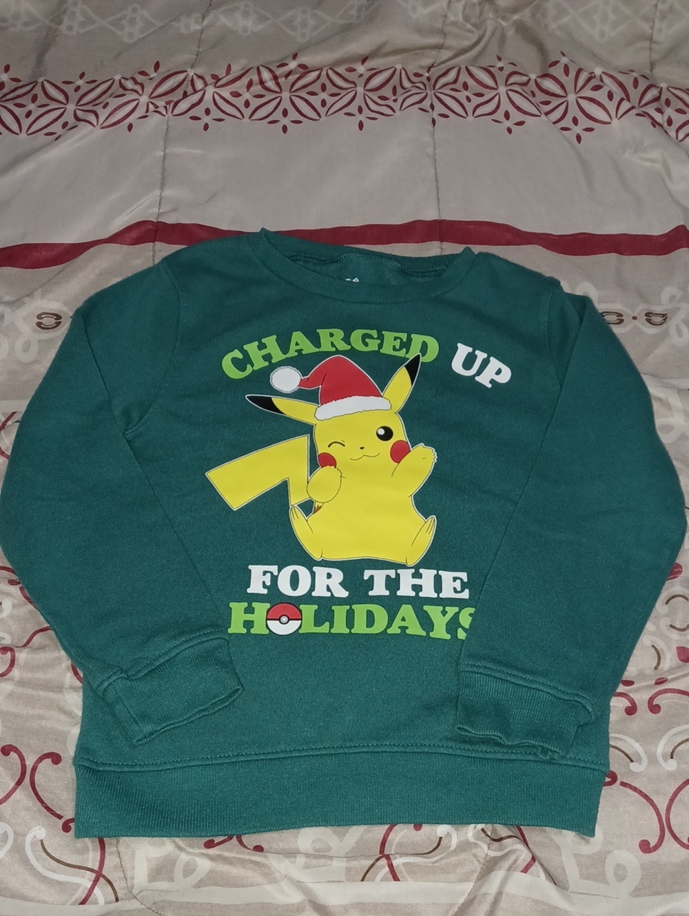 Pokemon Kids Green 'Charged Up for the Holidays' Pikachu Sweatshirt Size Small